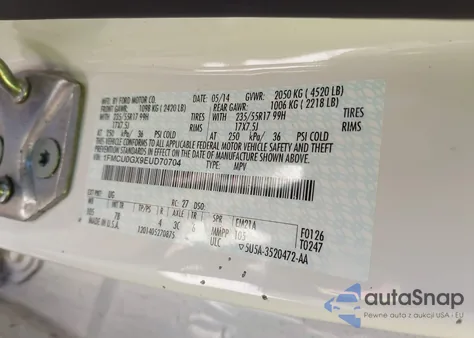 2014 Ford Escape Se z USA, uszkodzony, nr VIN 1FMCU0GX9EUD70704